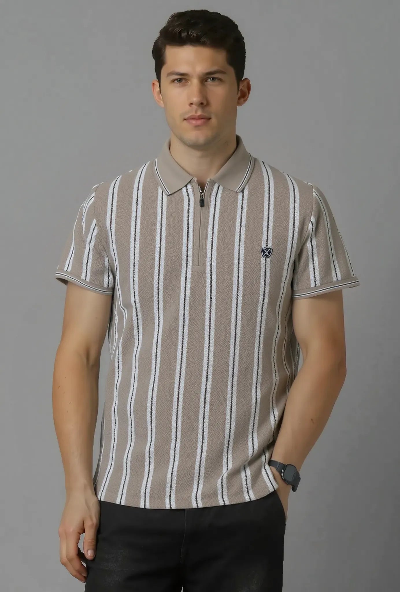 Men’s Vertical Stripe Popcorn Knit Half-Zip Polo T-Shirt – Fawn