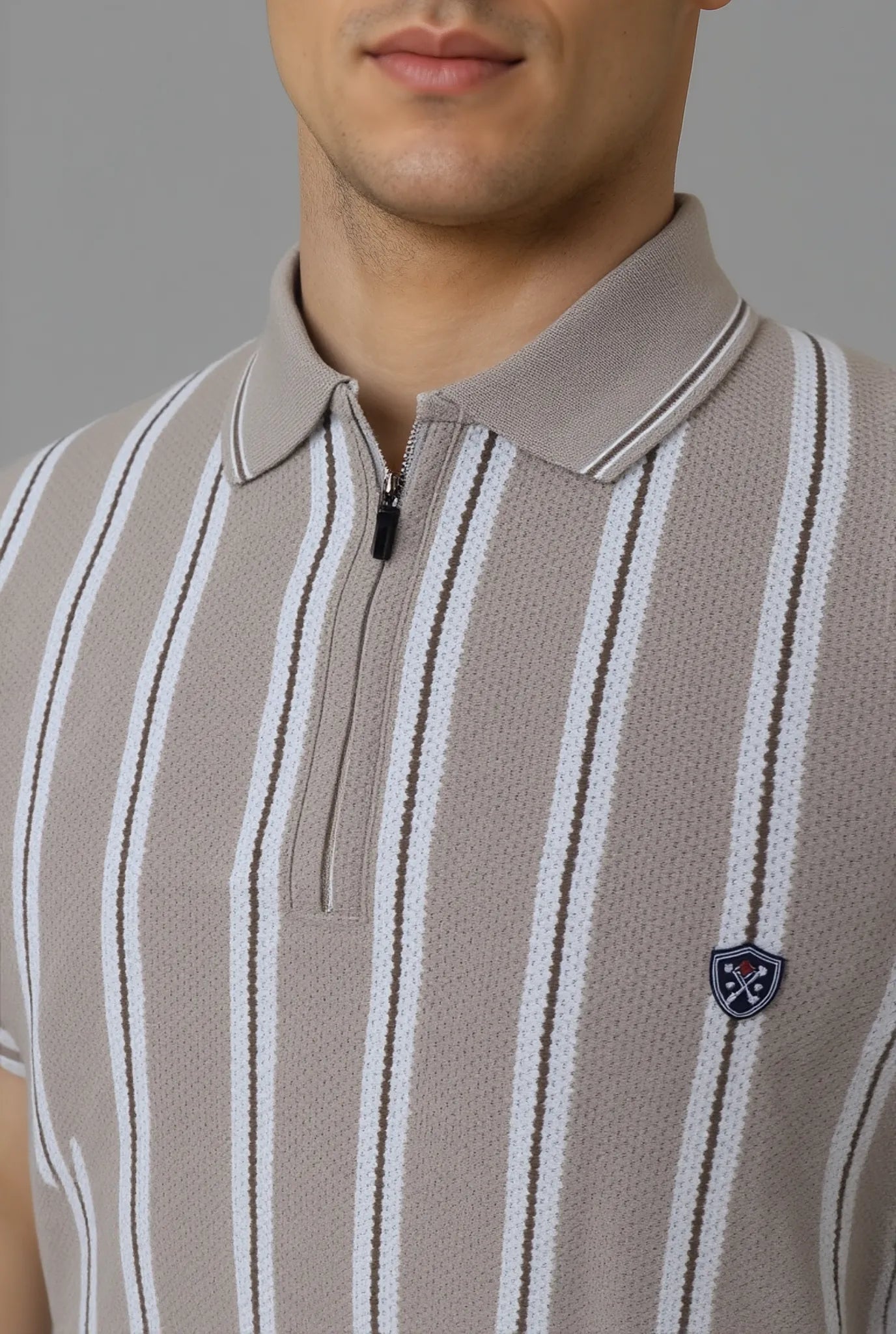 Men’s Vertical Stripe Popcorn Knit Half-Zip Polo T-Shirt – Fawn