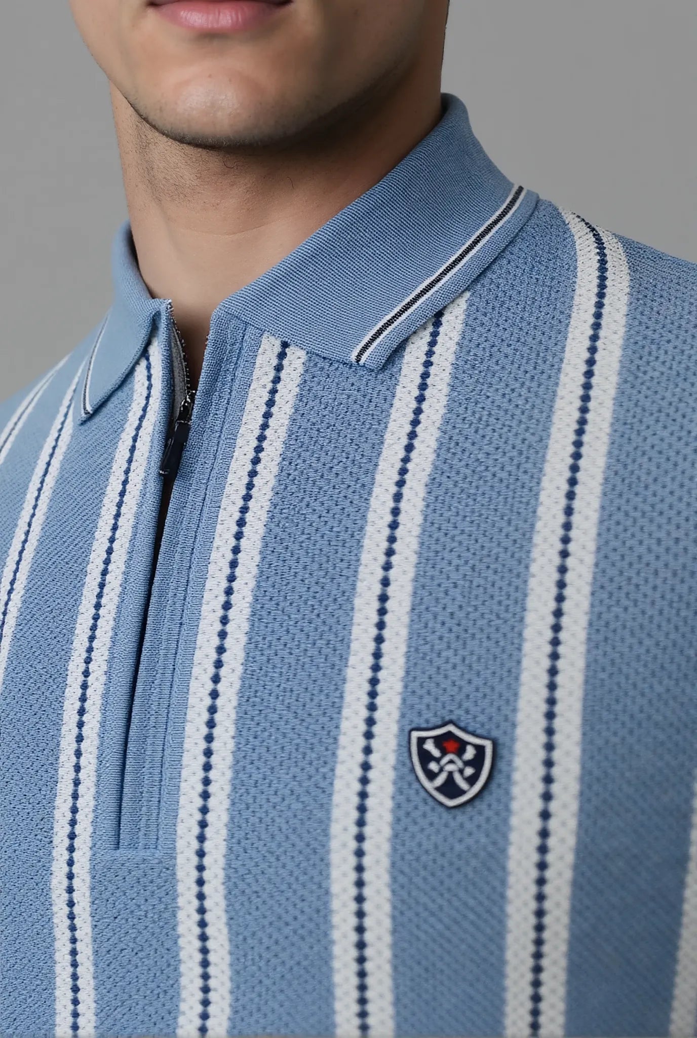 Men’s Vertical Stripe Popcorn Knit Half-Zip Polo T-Shirt – Sky Blue