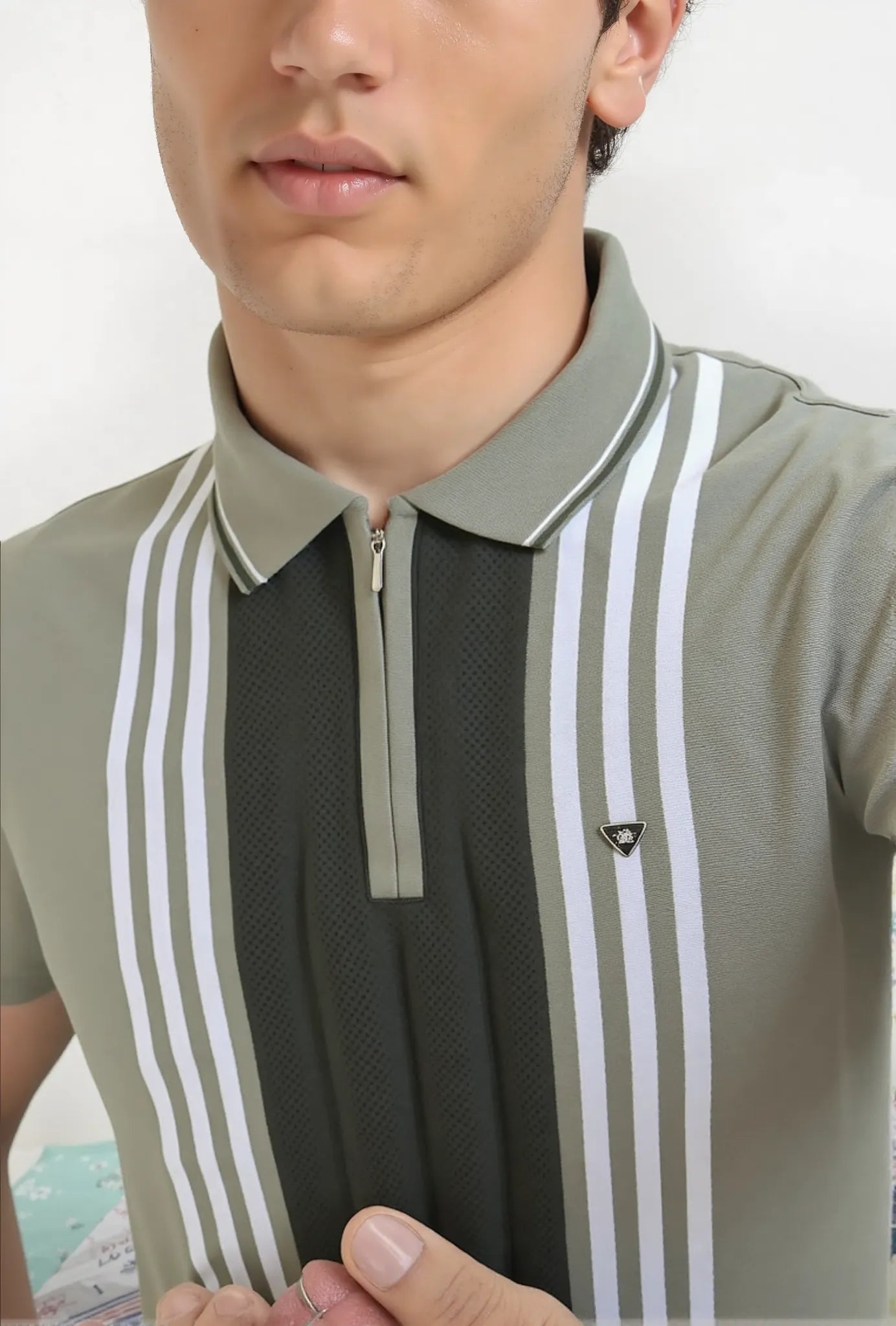 Textured Vertical Stripe Half Zip Polo