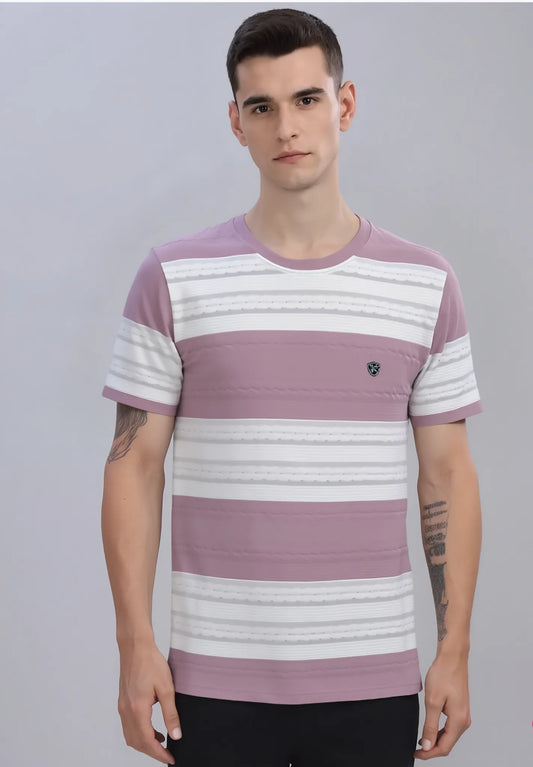 Men’s Jacquard Knit Striped Round Neck T-Shirt – Pink & White