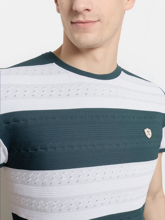 Men’s Jacquard Knit Striped Round Neck T-Shirt – olive & White