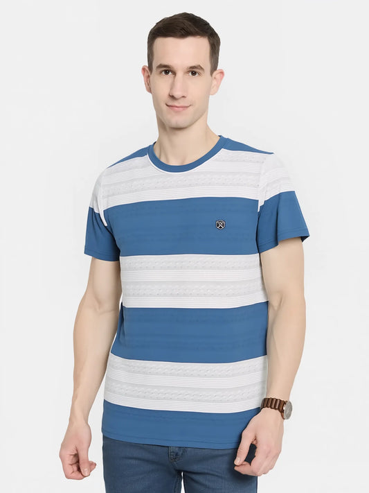 Men’s Jacquard Knit Striped Round Neck T-Shirt – Blue & White