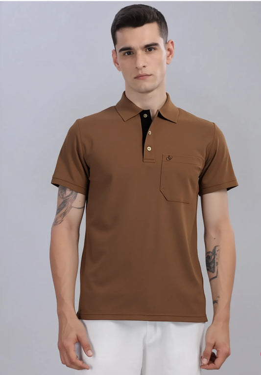 P.C. Metty Polo T-Shirt with Contrast Placket and Embroidered Pocket - Tan