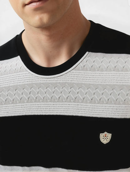 Men’s Jacquard Knit Striped Round Neck T-Shirt – Black & White