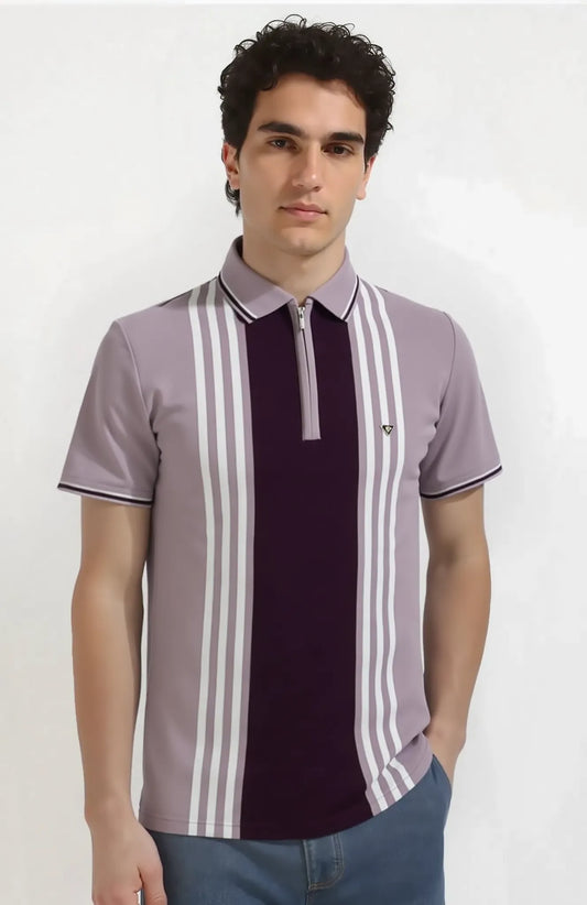 Textured Vertical Stripe Half Zip Polo