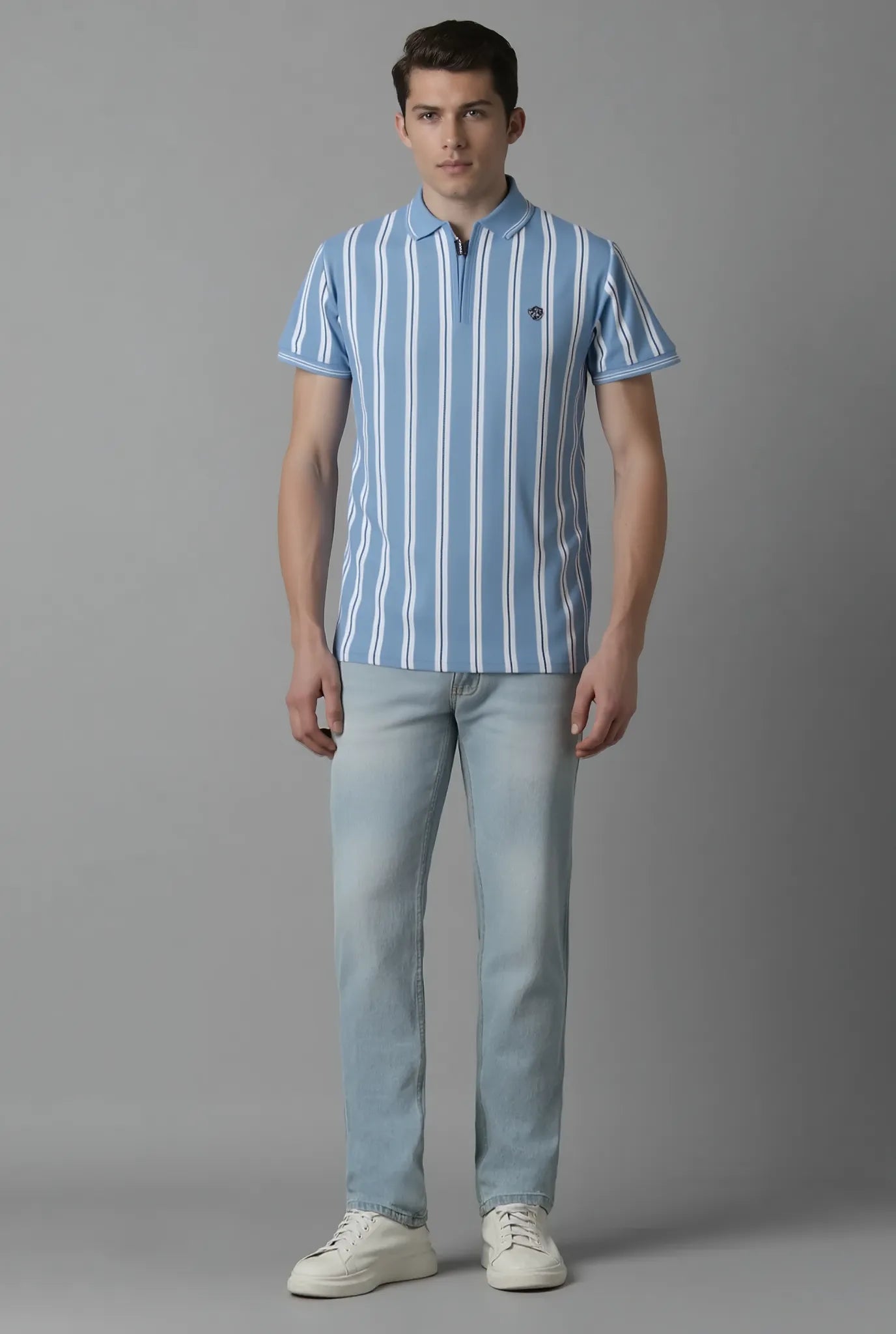 Men’s Vertical Stripe Popcorn Knit Half-Zip Polo T-Shirt – Sky Blue