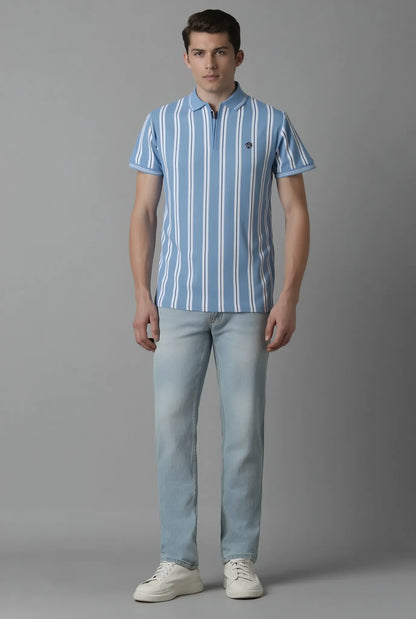 Men’s Vertical Stripe Popcorn Knit Half-Zip Polo T-Shirt – Sky Blue