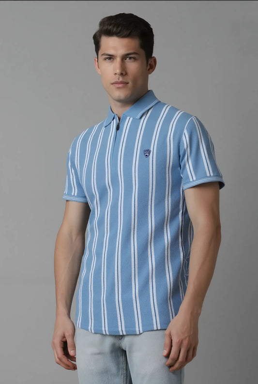 Men’s Vertical Stripe Popcorn Knit Half-Zip Polo T-Shirt – Sky Blue