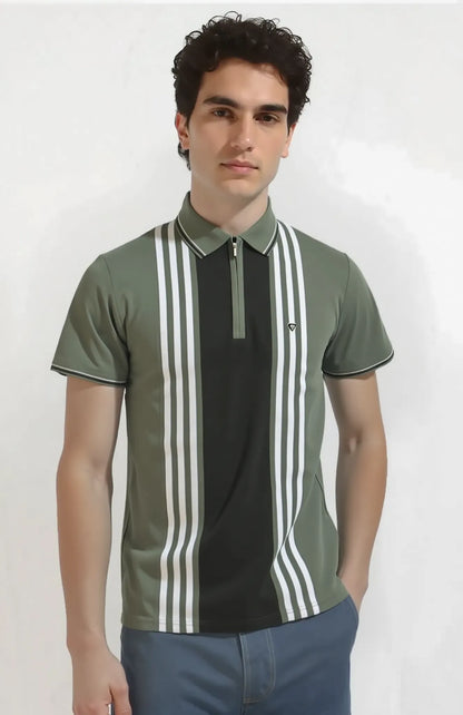 Textured Vertical Stripe Half Zip Polo