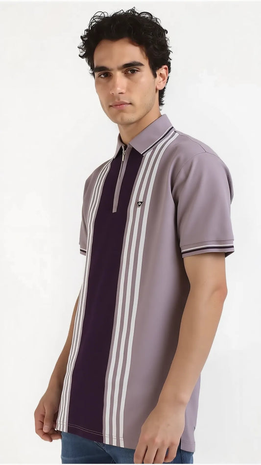 Textured Vertical Stripe Half Zip Polo