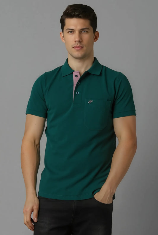 P.C. Metty Polo T-Shirt with Contrast Placket and Embroidered Pocket - Dark Green