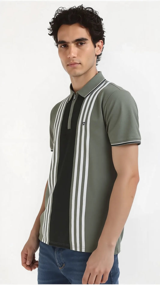 Textured Vertical Stripe Half Zip Polo