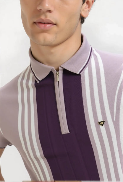 Textured Vertical Stripe Half Zip Polo