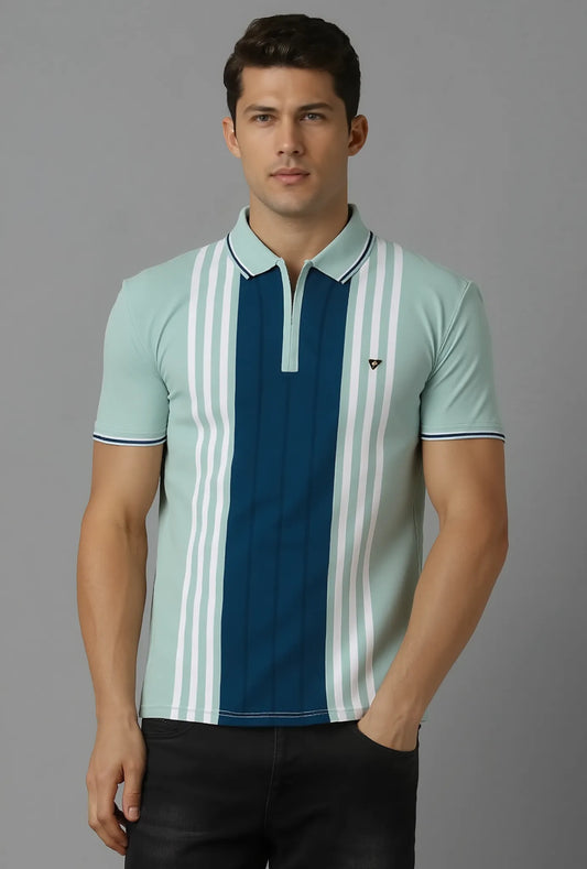 Textured Vertical Stripe Half Zip Polo