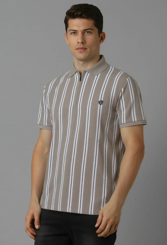 Men’s Vertical Stripe Popcorn Knit Half-Zip Polo T-Shirt – Fawn