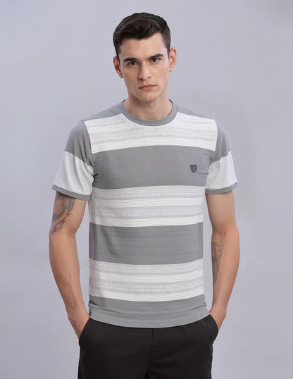 Men’s Jacquard Knit Striped Round Neck T-Shirt – Grey & White