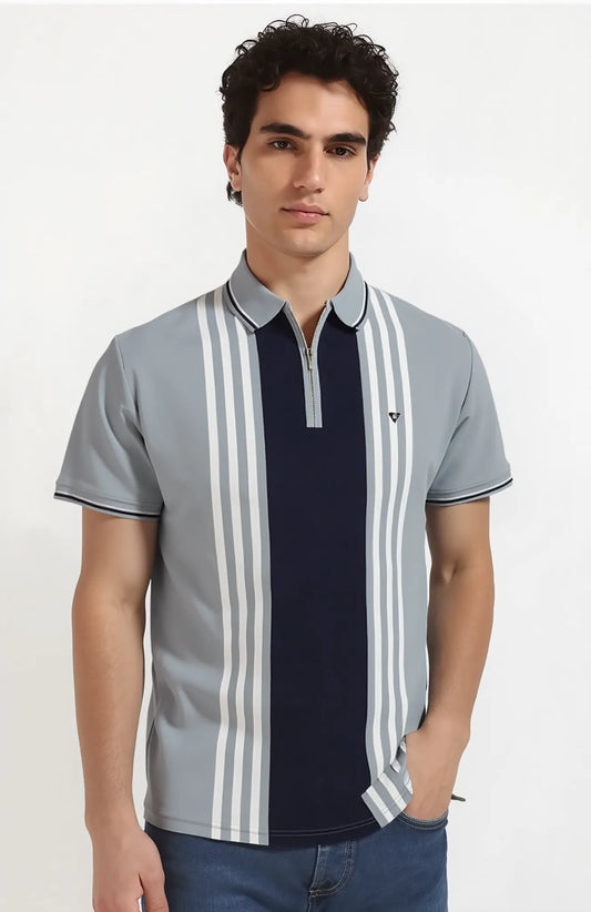 Textured Vertical Stripe Half Zip Polo