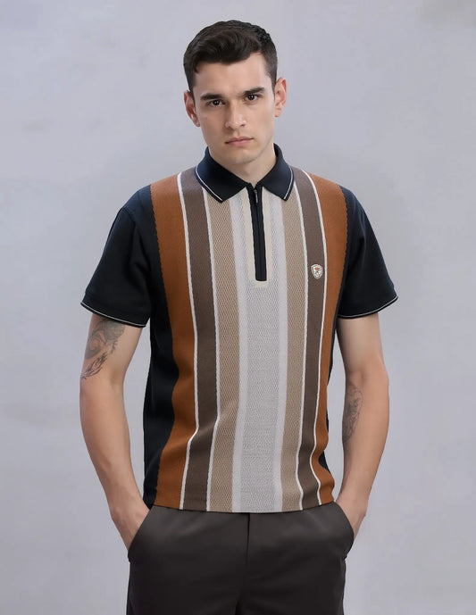 Men’s Jacquard Half-Zip Polo T-shirt - Tan