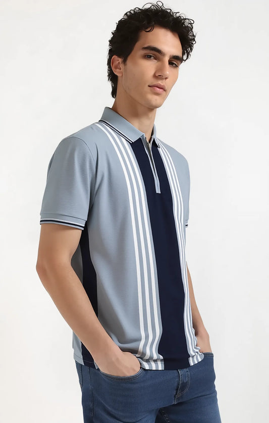 Textured Vertical Stripe Half Zip Polo