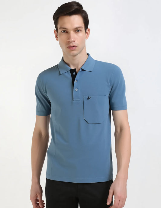 P.C. Metty Polo T-Shirt with Contrast Placket and Embroidered Pocket - Blue
